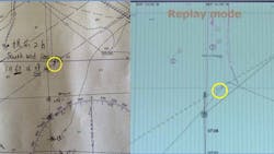 Navigation aids used by the Ocean Princess bridge team, with the location of platform SP-83A are shown, annotated by NTSB with a yellow circle (images are at different scales). A photo of the British Admiralty chart 3857 (left) and ECDIS screenshot from the Ocean Princess fed by NOAA ENCs (right), which were up to date at the time of the casualty, are also shown. The British Admiralty chart shows SP-83A while the ECDIS image does not. Navigation aids used by the Ocean Princess bridge team, with the location of platform SP-83A are shown, annotated by NTSB with a yellow circle (images are at different scales). A photo of the British Admiralty chart 3857 (left) and ECDIS screenshot from the Ocean Princess fed by NOAA ENCs (right), which were up to date at the time of the casualty, are also shown. The British Admiralty chart shows SP-83A while the ECDIS image does not.