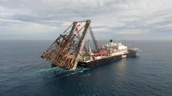 Allseas transports the complete 11,000-tonne Gyda jacket to Stord, Norway. Allseas transports the complete 11,000-tonne Gyda jacket to Stord, Norway.