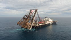 Allseas transports the complete 11,000-tonne Gyda jacket to Stord, Norway. Allseas transports the complete 11,000-tonne Gyda jacket to Stord, Norway.