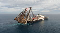 Allseas transports the complete 11,000-tonne Gyda jacket to Stord, Norway. Allseas transports the complete 11,000-tonne Gyda jacket to Stord, Norway.