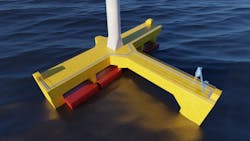 An exterior view of Floating Power Plant's FPP Platform shows the floating platform, which can host a single wind turbine ranging from 4 MW to 15 MW. An exterior view of Floating Power Plant's FPP Platform shows the floating platform, which can host a single wind turbine ranging from 4 MW to 15 MW.