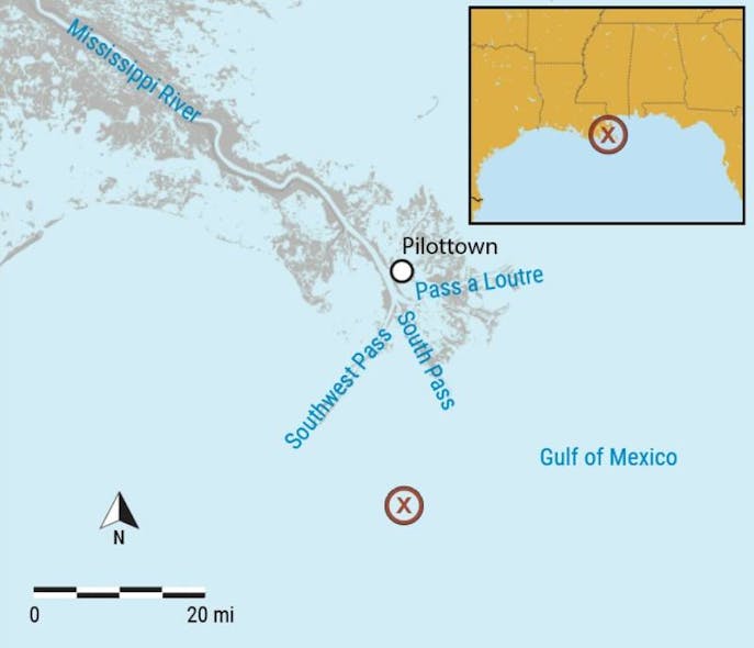The red X indicates the area where the Ocean Princess contacted platform SP-83A.