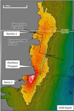Depth map of the top of the S390 primary reservoir objective in the Panthera prospect Depth map of the top of the S390 primary reservoir objective in the Panthera prospect