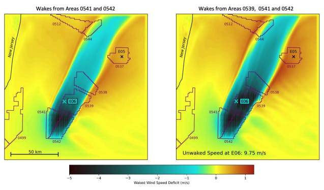 The graphic depicts waked wind speed deficit at hub height (m/s, color scale at bottom) from the WRF-WFP simulations of the New York Bight lease areas at 1530 EST on Feb 24, 2020. The &ldquo;x&rdquo; symbols indicate the locations of floating lidars.