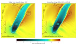 The graphic depicts waked wind speed deficit at hub height (m/s, color scale at bottom) from the WRF-WFP simulations of the New York Bight lease areas at 1530 EST on Feb 24, 2020. The “x” symbols indicate the locations of floating lidars. The graphic depicts waked wind speed deficit at hub height (m/s, color scale at bottom) from the WRF-WFP simulations of the New York Bight lease areas at 1530 EST on Feb 24, 2020. The “x” symbols indicate the locations of floating lidars.