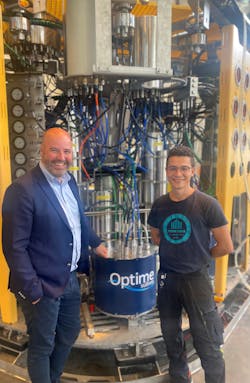 Jan-Fredrik Carlsen and Pezhman Tofangsaz, Controls &amp; Automation Engineer at Optime Subsea, in front of an SCILS unit.