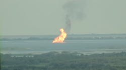 A fire burns on Lake Lery after a loose barge hit a natural gas pipeline on Thursday, Sept. 8, 2022. A fire burns on Lake Lery after a loose barge hit a natural gas pipeline on Thursday, Sept. 8, 2022.