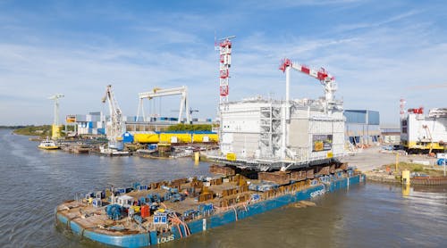 Topsides loadout for TenneT&apos;s Hollandse Kust (north) transformer platform in the Dutch North Sea.