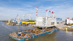 Topsides loadout for TenneT&apos;s Hollandse Kust (north) transformer platform in the Dutch North Sea.