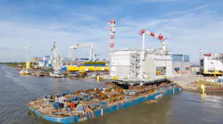 Topsides loadout for TenneT's Hollandse Kust (north) transformer platform in the Dutch North Sea.