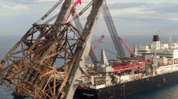 Allseas' Pioneering Spirit heavy-lift vessel will remove all four platform topsides and three steel supporting jackets as single units. Allseas' Pioneering Spirit heavy-lift vessel will remove all four platform topsides and three steel supporting jackets as single units.