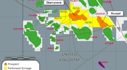 Parkmead was awarded two significant new licenses in the Central North Sea as part of the UK 30th Licensing Round. The green areas represent oil fields, the yellow areas are Parkmead&apos;s acreage, and orange areas are prospective areas.