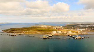 The Sullom Voe Terminal is one of the largest oil terminals in Europe and is located at the northern end of the largest of the Shetland Islands.
