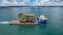 The 18,700-ton (17,000-metric ton), 47-m tall module is onboard the GPO Emerald heavy transport vessel. The 18,700-ton (17,000-metric ton), 47-m tall module is onboard the GPO Emerald heavy transport vessel.