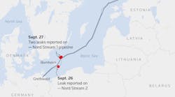 The mystery leaks reported from Nord Stream pipelines are shown on the map. The mystery leaks reported from Nord Stream pipelines are shown on the map.