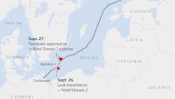 The mystery leaks reported from Nord Stream pipelines are shown on the map. The mystery leaks reported from Nord Stream pipelines are shown on the map.