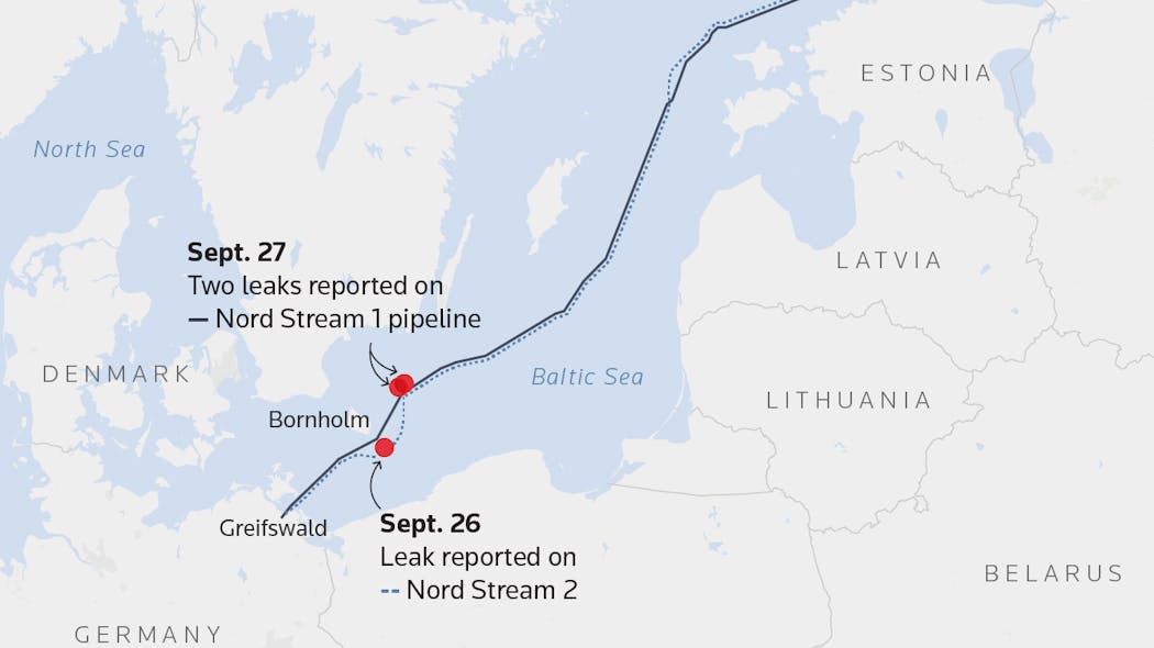 The mystery leaks reported from Nord Stream pipelines are shown on the map. The mystery leaks reported from Nord Stream pipelines are shown on the map.