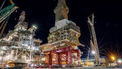 According to Mammoet, 'The combination of our powerful Mega Jack 800 with SPMTs and heavy skidding systems was perfect for the transport, lifting and integration of two drilling modules onto bp's Azeri Central East's topsides deck, currently under construction.' According to Mammoet, 'The combination of our powerful Mega Jack 800 with SPMTs and heavy skidding systems was perfect for the transport, lifting and integration of two drilling modules onto bp's Azeri Central East's topsides deck, currently under construction.'