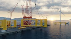 OCG-Wind is a semisubmersible platform, the hull of which comprises three outside circular columns connected mechanically with trusses to a central column that supports the wind turbine. OCG-Wind is a semisubmersible platform, the hull of which comprises three outside circular columns connected mechanically with trusses to a central column that supports the wind turbine.