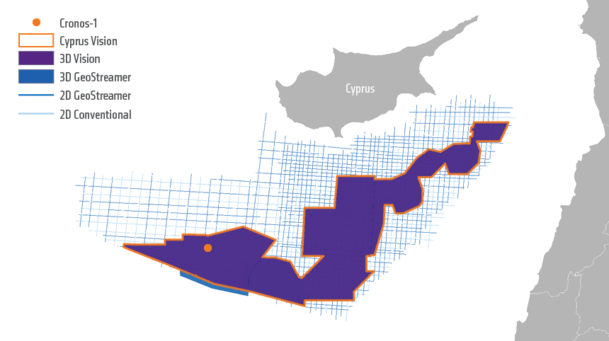This map depicts the PGS data library coverage for Cyprus and location of recent Cronos-1 well in Block 6.