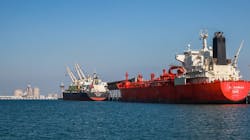 An LPG tanker loads in the port of Ras Al Khair, Saudi Arabia. An LPG tanker loads in the port of Ras Al Khair, Saudi Arabia.