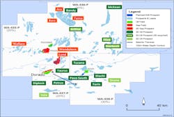 The map displays the top 20 prospects and discovered fields in the Bedout permits. The map displays the top 20 prospects and discovered fields in the Bedout permits.
