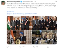 An Oct. 11 tweet from Hardeep Singh Puri, who is India&apos;s Union Minister for Housing &amp; Urban Affairs and Minister for Petroleum and Natural Gas, showcases photos from the CGI Houston event.