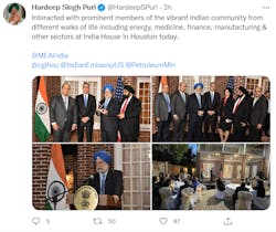 An Oct. 11 tweet from Hardeep Singh Puri, who is India's Union Minister for Housing & Urban Affairs and Minister for Petroleum and Natural Gas, showcases photos from the CGI Houston event. An Oct. 11 tweet from Hardeep Singh Puri, who is India's Union Minister for Housing & Urban Affairs and Minister for Petroleum and Natural Gas, showcases photos from the CGI Houston event.