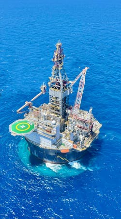 The circular hull of the Sevan Louisiana provides stability for shallow-water drilling, allowing the semi to drill in 560 ft water depth. The circular hull of the Sevan Louisiana provides stability for shallow-water drilling, allowing the semi to drill in 560 ft water depth.