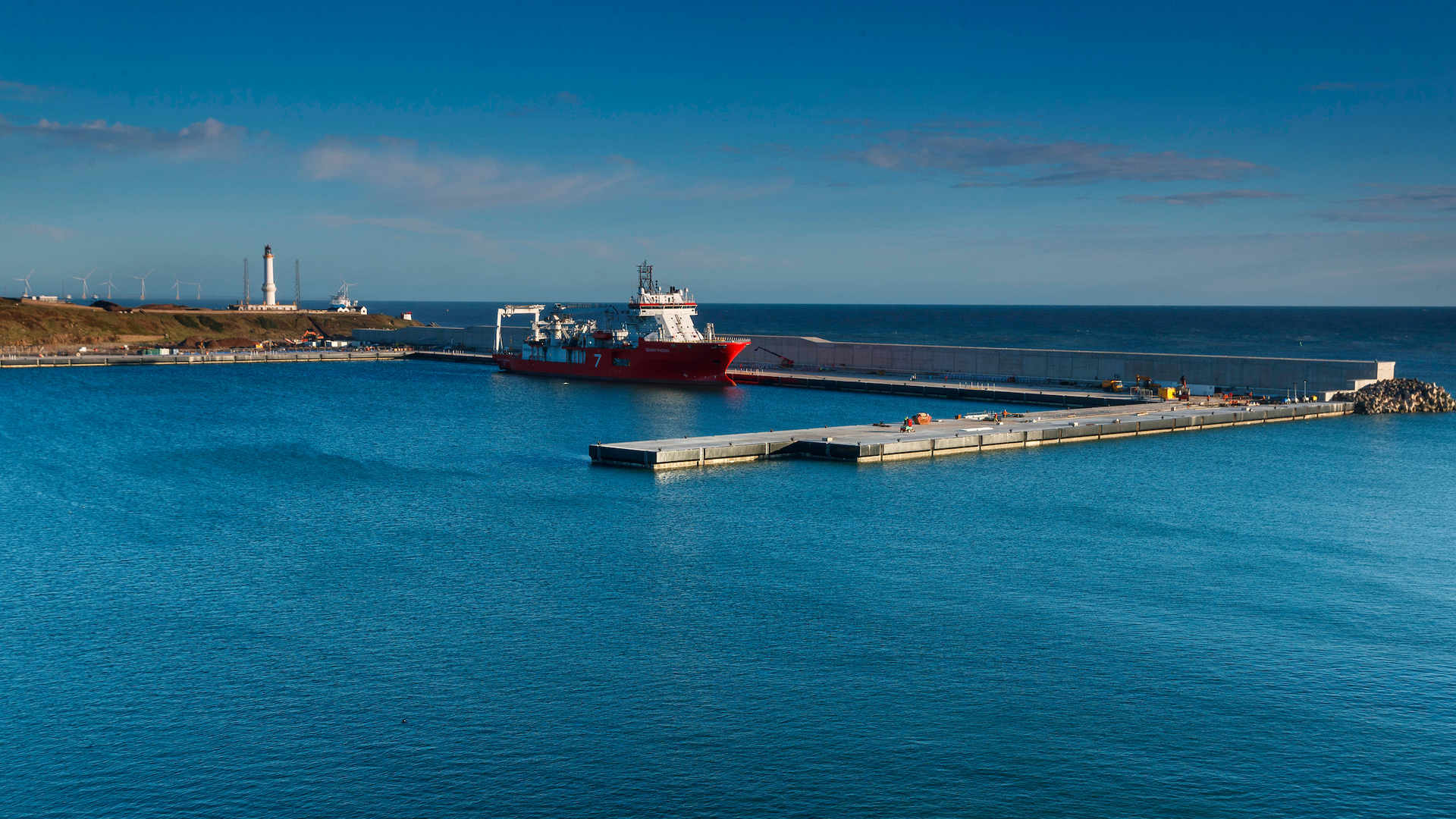 Subsea 7&rsquo;s Seaway Phoenix berthed on Dunnottar Quay and the operational Crathes and Castlegate (East) quaysides.