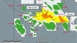 The orange represents prospects, and the yellow is Parkmead's acreage. The green areas are oil fields. The light gray is licensed acreage, and the dark gray is open acreage. The orange represents prospects, and the yellow is Parkmead's acreage. The green areas are oil fields. The light gray is licensed acreage, and the dark gray is open acreage.
