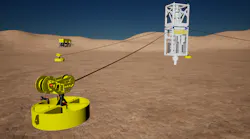 This rendering shows how the Hercules tethering system connects to a floater. As deployed on Walter's project in the GoM, the system provides the necessary station-keeping capacity for a DP semisubmersible in shallow water. This rendering shows how the Hercules tethering system connects to a floater. As deployed on Walter's project in the GoM, the system provides the necessary station-keeping capacity for a DP semisubmersible in shallow water.