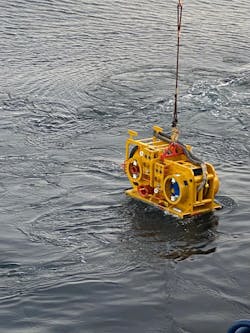 The TVO Hercules tensioner being deployed from installation vessel crane. The TVO Hercules tensioner being deployed from installation vessel crane.