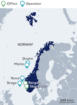 Wintershall Dea&apos;s exploration and production concessions are located in all regions on the Norwegian Continental Shelf: in the North Sea, Norwegian Sea and the Barents Sea. Nova and Brage are located about 125 km west of the city of Bergen. Maria lies farther north, roughly at the level of Trondheim, and Dvalin lies even farther north.