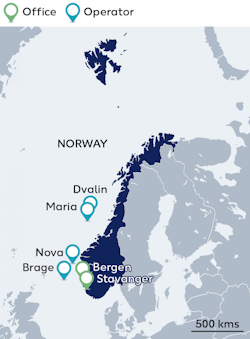 Wintershall Dea's exploration and production concessions are located in all regions on the Norwegian Continental Shelf: in the North Sea, Norwegian Sea and the Barents Sea. Nova and Brage are located about 125 km west of the city of Bergen. Maria lies farther north, roughly at the level of Trondheim, and Dvalin lies even farther north. Wintershall Dea's exploration and production concessions are located in all regions on the Norwegian Continental Shelf: in the North Sea, Norwegian Sea and the Barents Sea. Nova and Brage are located about 125 km west of the city of Bergen. Maria lies farther north, roughly at the level of Trondheim, and Dvalin lies even farther north.