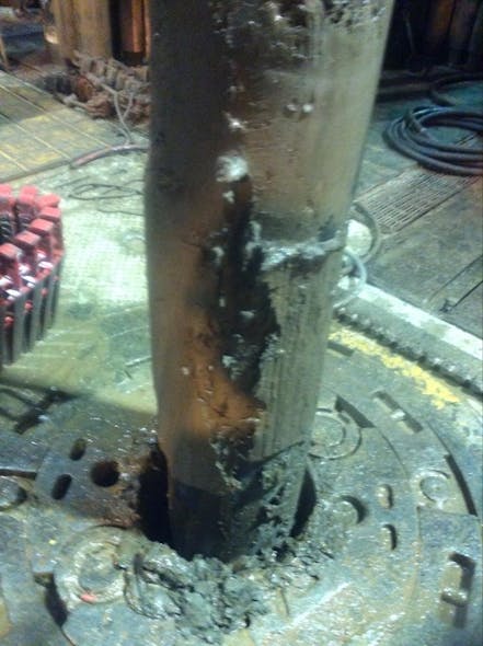 The casing joint from the logged section shows the solids smeared against the pipe that would have prevented a single pull run, precisely where the log indicated it would be.
