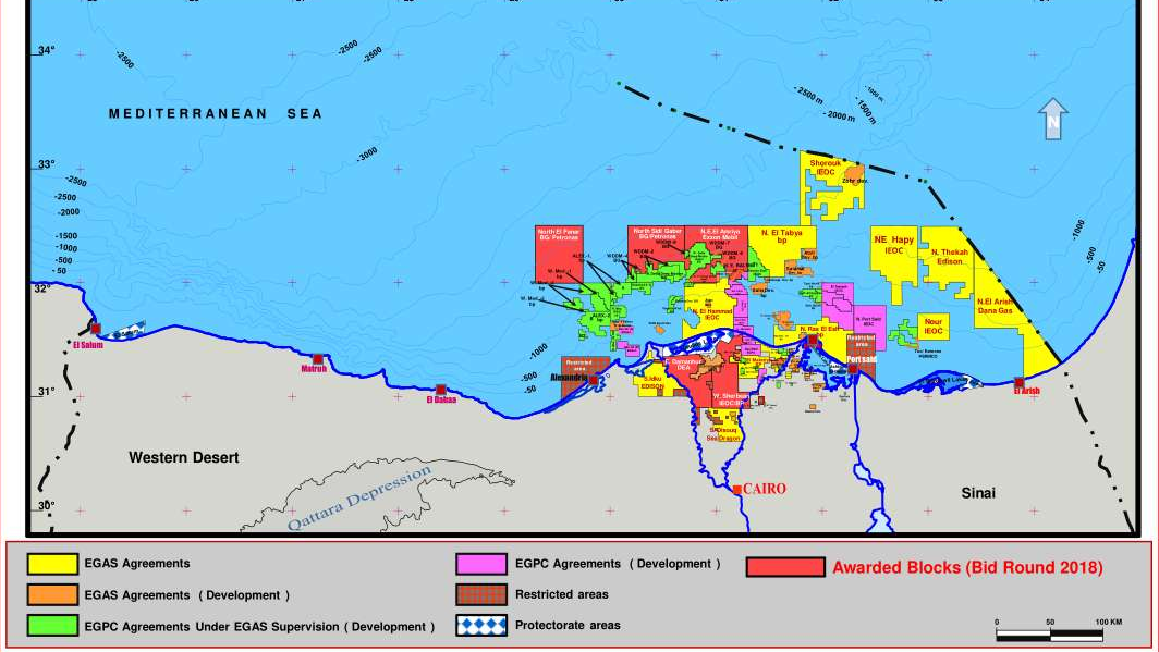 This EGAS concessions map highlights its Mediterranean Sea and Nile Delta regions.