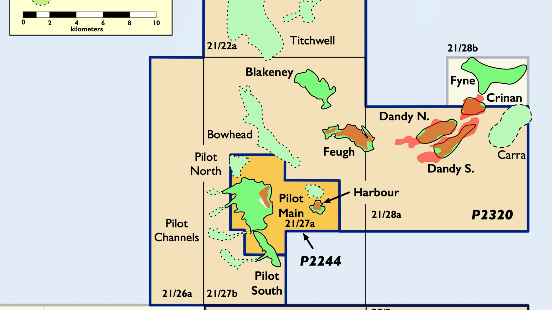 The map depicts Orcadian Energy's licenses. The solid green represents oil discoveries, and the dotted green represents oil prospects.