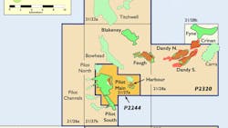 The map depicts Orcadian Energy's licenses. The solid green represents oil discoveries, and the dotted green represents oil prospects. The map depicts Orcadian Energy's licenses. The solid green represents oil discoveries, and the dotted green represents oil prospects.