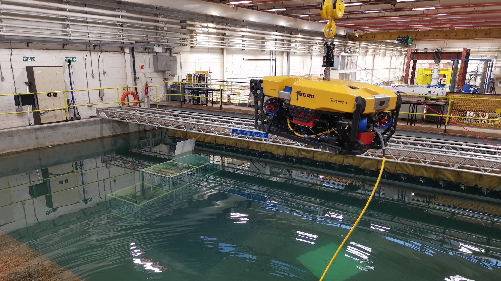 The Fugro Blue Volta electric ROV in the National Robotarium's Heriot Watt University facilities carries out trials.