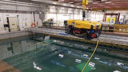 The Fugro Blue Volta electric ROV in the National Robotarium's Heriot Watt University facilities carries out trials. The Fugro Blue Volta electric ROV in the National Robotarium's Heriot Watt University facilities carries out trials.