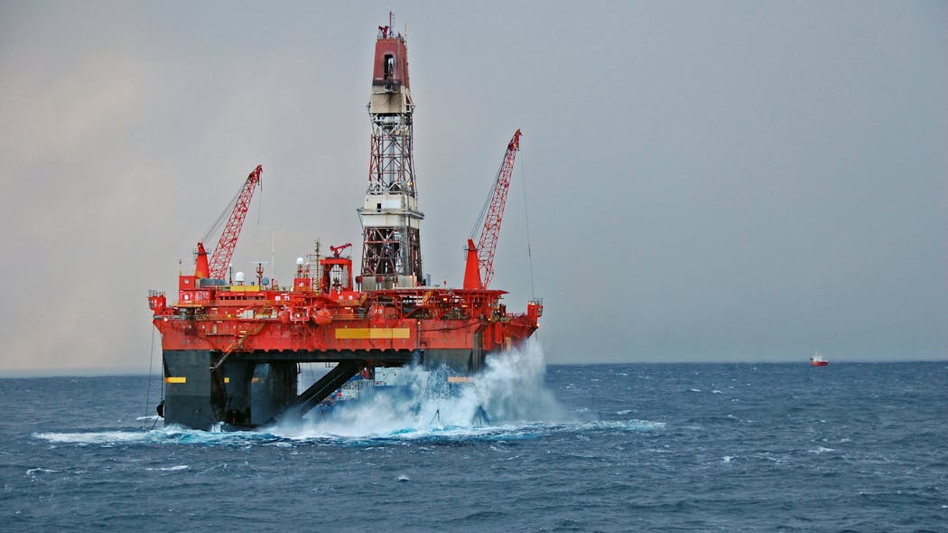Rough seas hit a semisubmergible oil rig in the North Sea off the coast of Norway.