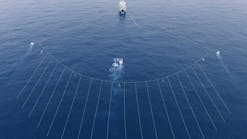 An aerial view of a P-Cable spread shows the compact spread dimensions and closely spaced streamers. For this configuration, there are 18 100-m-long streamers separated by 12.5 m in the crossline for a total spread width slightly over 200 m. Photo courtesy of NCS SubSea, which has been acquired by Ocean Floor Geophysics Inc.