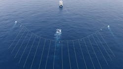 An aerial view of a P-Cable spread shows the compact spread dimensions and closely spaced streamers. For this configuration, there are 18 100-m-long streamers separated by 12.5 m in the crossline for a total spread width slightly over 200 m. Photo courtesy of NCS SubSea, which has been acquired by Ocean Floor Geophysics Inc. An aerial view of a P-Cable spread shows the compact spread dimensions and closely spaced streamers. For this configuration, there are 18 100-m-long streamers separated by 12.5 m in the crossline for a total spread width slightly over 200 m. Photo courtesy of NCS SubSea, which has been acquired by Ocean Floor Geophysics Inc.