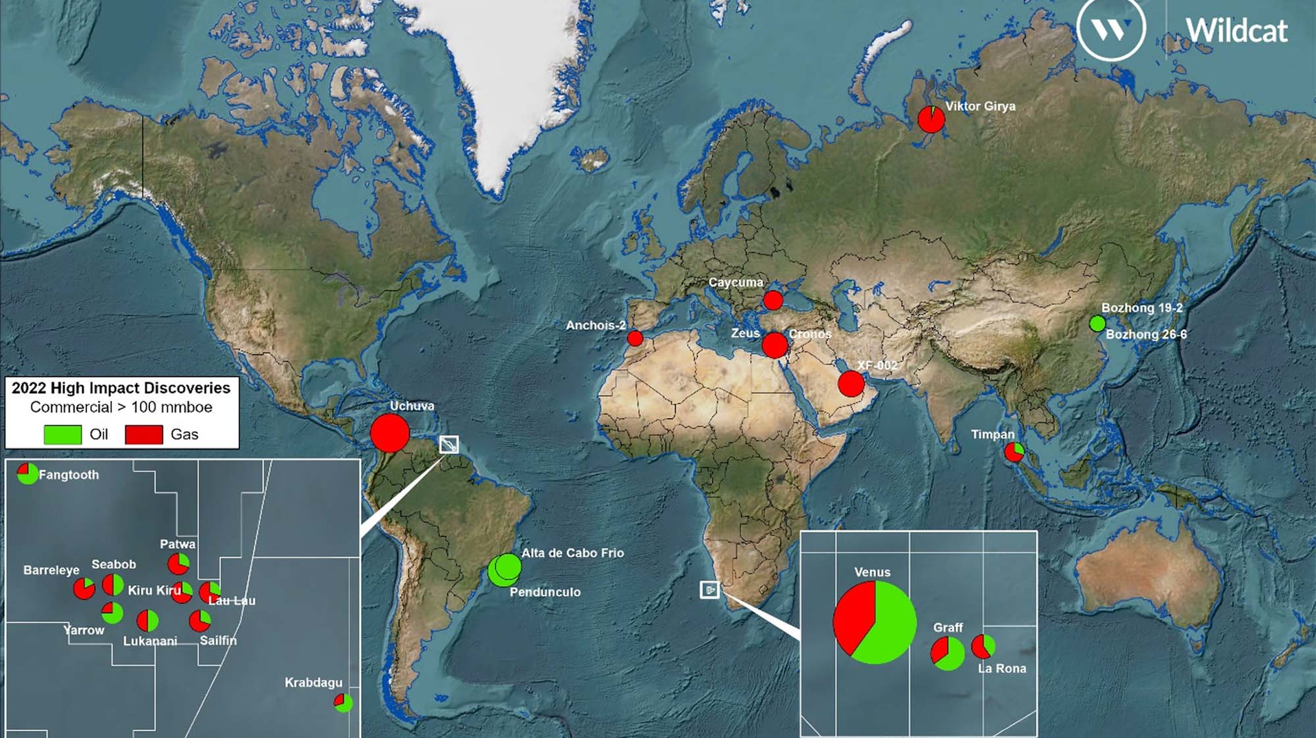 The map illustrates potentially commercial high-impact discoveries estimated >100 MMboe in 2022.