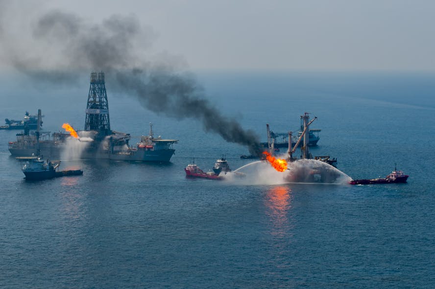 The Discoverer Enterprise drillship and Helix Q4000 at the Macondo Prospect MC252 site in the Gulf of Mexico offshore Louisiana on June 20, 2010