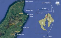 The red dot represents bp's 1982 well, and the white dot is Crogga's 2023 well location. A, B, C and D are structural closures. The total area is 83 sq km. The 1996 bp estimate is 1 Tcf of gas in place. The red dot represents bp's 1982 well, and the white dot is Crogga's 2023 well location. A, B, C and D are structural closures. The total area is 83 sq km. The 1996 bp estimate is 1 Tcf of gas in place.