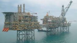 The Green Volt offshore wind project proposes to develop a floating offshore wind farm to facilitate a first-of-its-kind decarbonization of the oil and gas industry through the complete electrification of the Buzzard oil and gas field (operated by CPEL). The photo highlights the Buzzard oil and gas facility, with power generation chimneys visible on the leftmost platform. The Green Volt offshore wind project proposes to develop a floating offshore wind farm to facilitate a first-of-its-kind decarbonization of the oil and gas industry through the complete electrification of the Buzzard oil and gas field (operated by CPEL). The photo highlights the Buzzard oil and gas facility, with power generation chimneys visible on the leftmost platform.