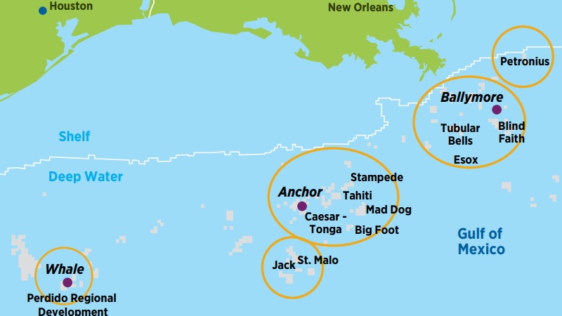 Chevron highlights potential tieback opportunities (orange) and discoveries (purple) in the GoM.