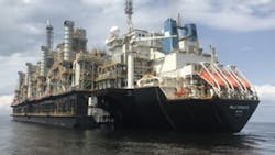 The Hilli Episeyo, property of the Norwegian Golar, is the first FLNG resulting from the conversion of a 294-m LNG tanker built in 1975. It has been anchored 2 km from the Sanaga 1 platform off Kribi since November 2017. The Hilli Episeyo, property of the Norwegian Golar, is the first FLNG resulting from the conversion of a 294-m LNG tanker built in 1975. It has been anchored 2 km from the Sanaga 1 platform off Kribi since November 2017.